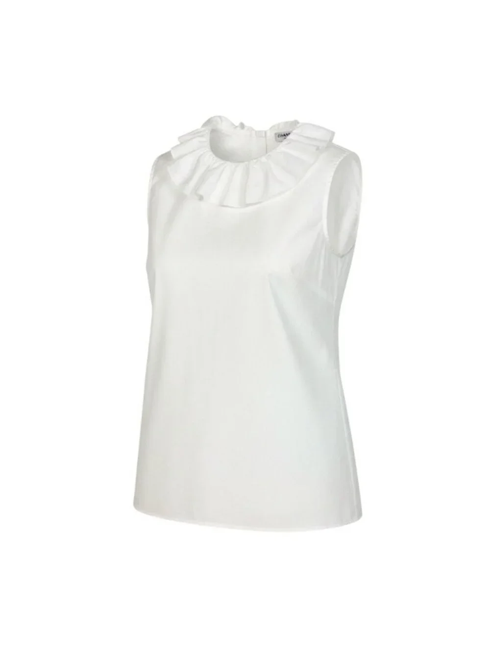 Chanel Frill Neck Sleeveless Shirt Back Button 34 White Cotton